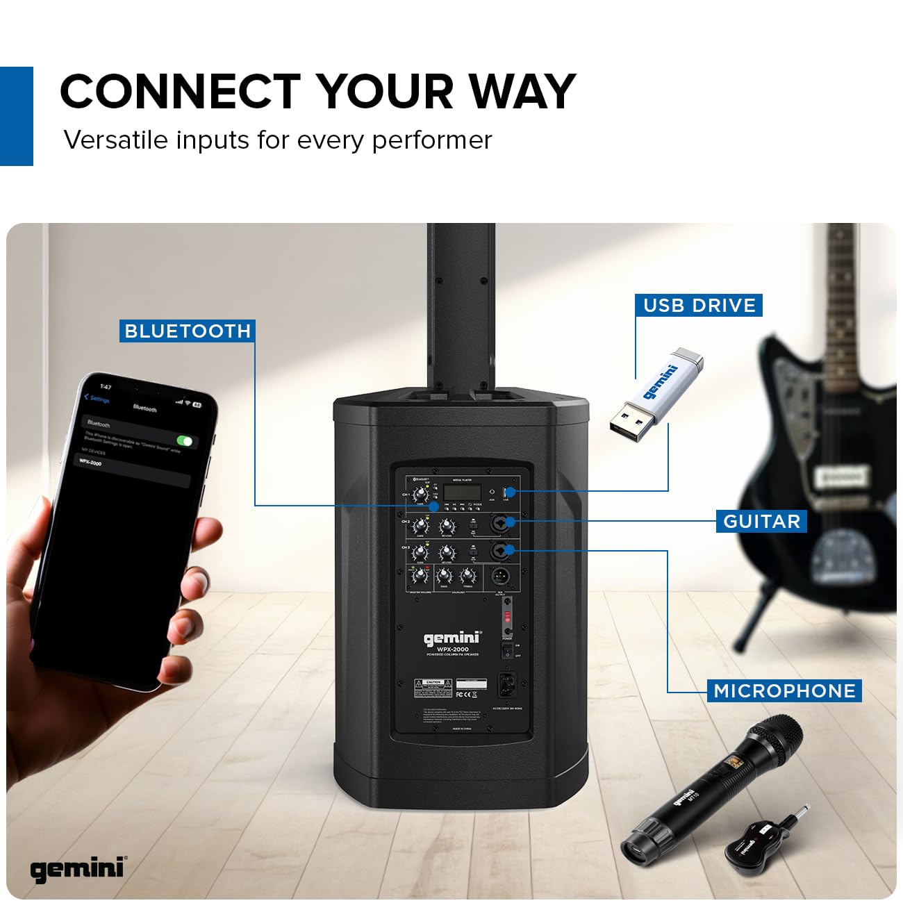 Gemini Sound WPX-2000 Active Column Line Array Speaker 1200W Peak Power Portable PA, Bluetooth, TWS Link, Adjustable Reverb, Hig